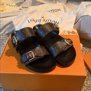 Louis Vuitton Monogram Brown Sandals with Gold Buckles